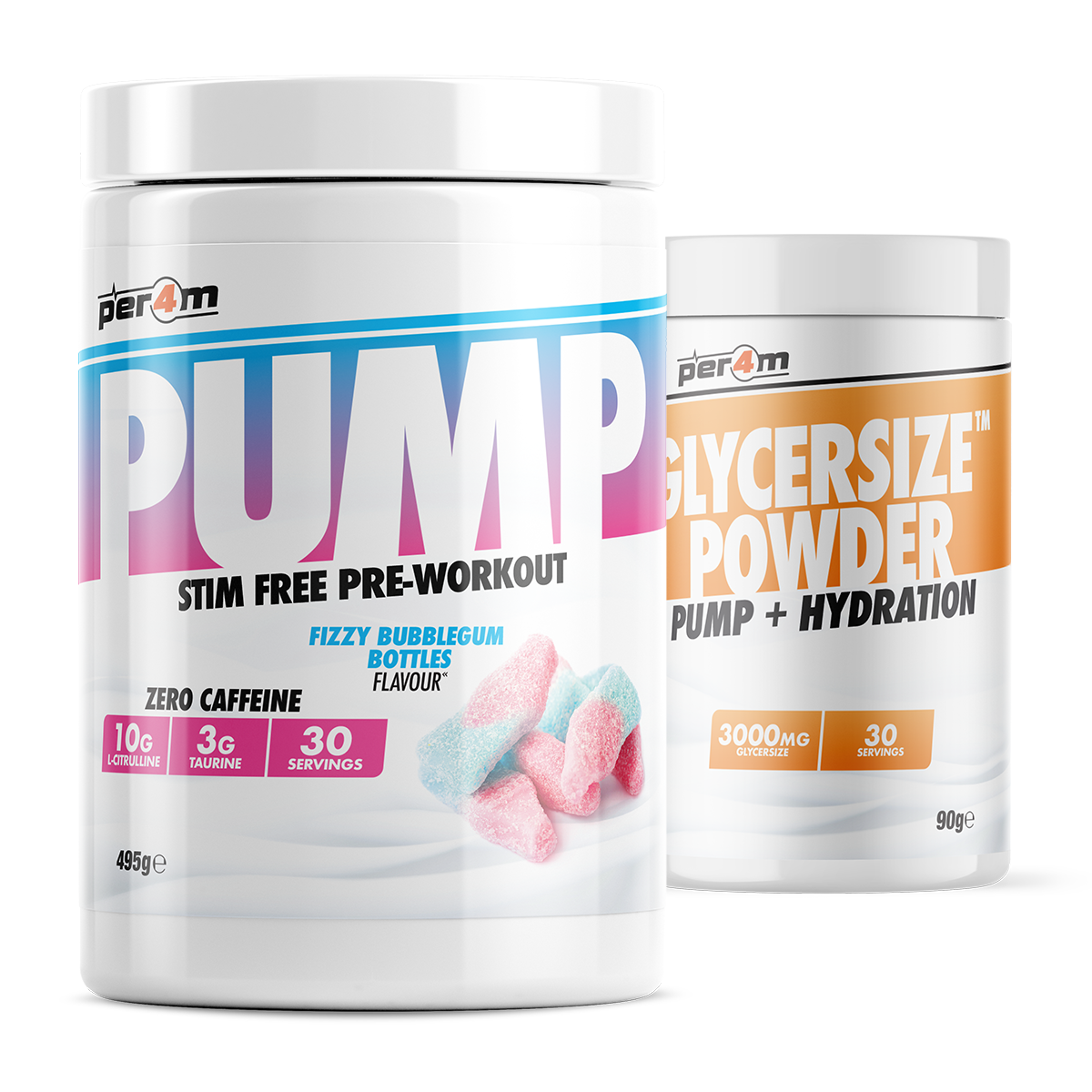 PER4M Pump Stim-Free Pre-Workout 495g with Glycersize – Fizzy Bubblegum Bottles